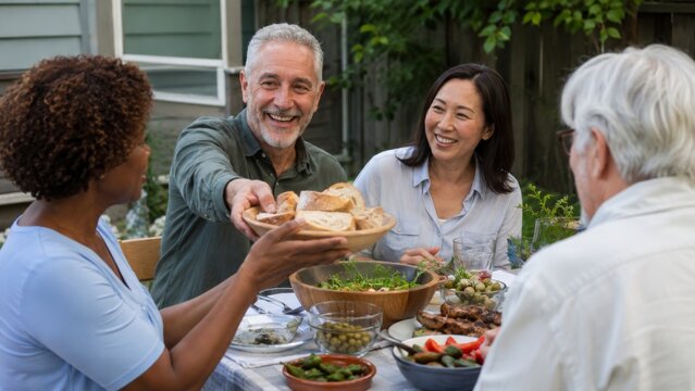 Neighbors sharing bread and salad at a backyard table