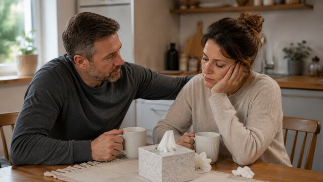 Partners sharing tea and support at kitchen table