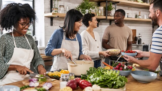Adults cooking together in a shared kitchen
