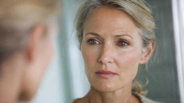 Middle aged adult examines sagging facial skin in a mirror, brows furrowed with concern over visible signs of aging.