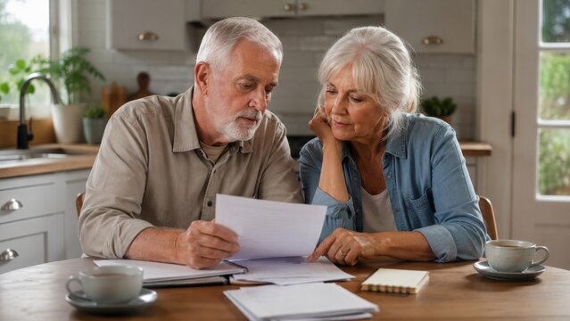 Older couple discussing household budget over morning tea