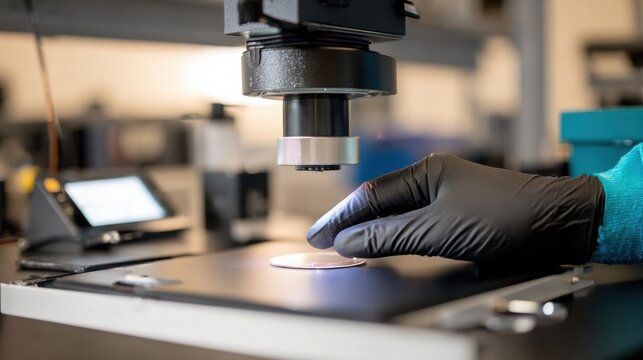 Medium shot highlighting a technicians precise placement of a polymer film under FTIR sensor head with tactile sample detail in focus and lab benches out of focus.
