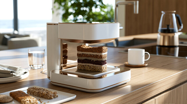 Futuristic 3D food printer creating a layered multi grain snack bar on a wooden kitchen countertop. Modern smart appliance for innovative cooking and healthy nutrition.