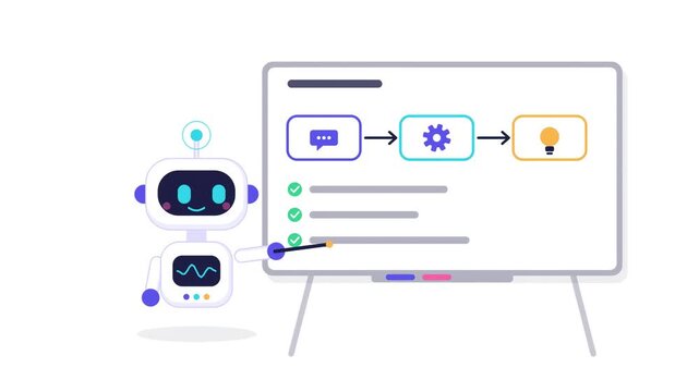 Friendly artificial intelligence chatbot robot analyzes messages beside a digital interface dashboard, illustrating automated customer support, workflow assistance, and smart communication