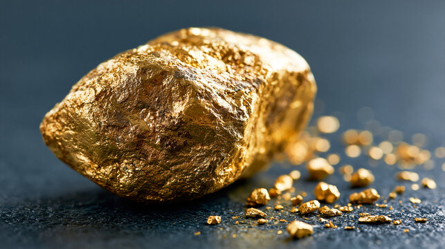 Close up of a large shiny gold nugget and small golden pieces on a dark stone surface. Business finance investment and wealth concept with raw metal ore mining detail.