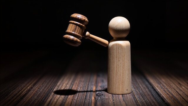 Wooden figure holds gavel, symbolizing justice or authority on dark wooden surface.