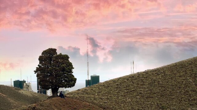 Conceptual View Of Person Standing On Grassy Hill Merging With City Skyline At Sunset - 4K