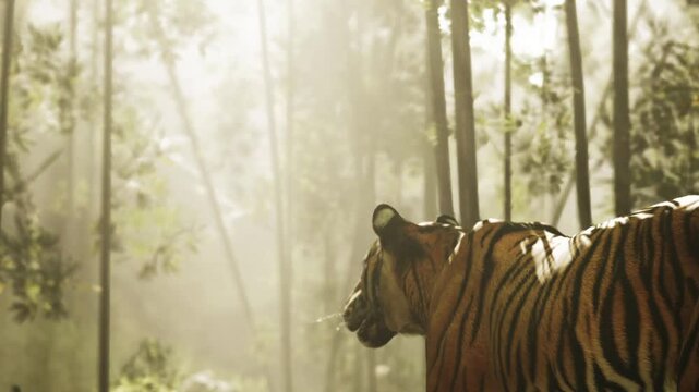 A magnificent tiger silently walks through a tranquil forest, surrounded by tall bamboo trees. Soft sunlight filters through the leaves, creating enchanting patterns on the ground.