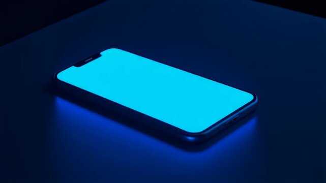 Modern Smartphone Lying Flat on Dark Desk Glowing Blue Screen Motion Loop, Full HD Technology Video