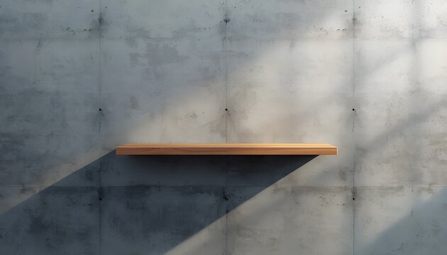 A minimalist interior scene featuring a single empty wooden floating shelf mounted on a textured raw concrete wall. The concrete wall has a weathered industrial finish with subtle form tie holes