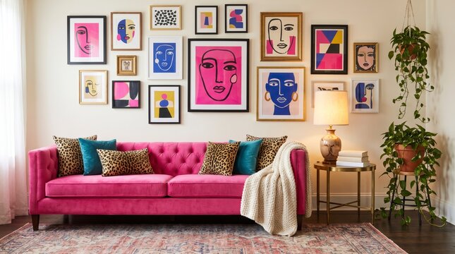 Vibrant living room with hot pink velvet sofa, leopard print cushions and framed faces gallery wall