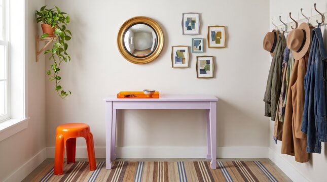 Playful entryway with lilac console table, orange stool, convex gold mirror and coat hooks on wall