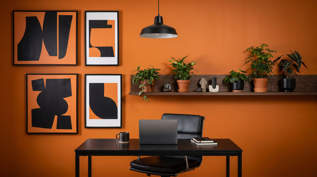 Focused home office with burnt orange wall, black abstract prints, dark desk and leather chair