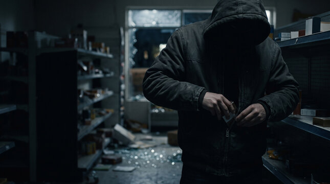 Hooded figure concealing stolen goods inside a ransacked store. Shoplifting and theft during urban unrest. Retail crime, looting and property damage. Anonymous criminal activity