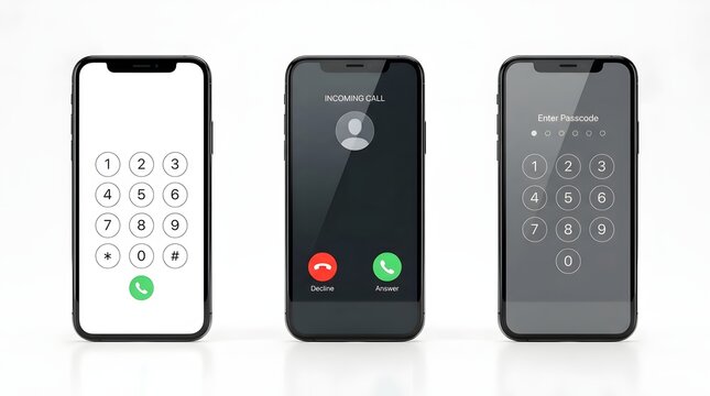 Set of Three Modern Smartphones showing Different User Interfaces including Dial Pad, Incoming Call, and Passcode Lock Screen on White Background