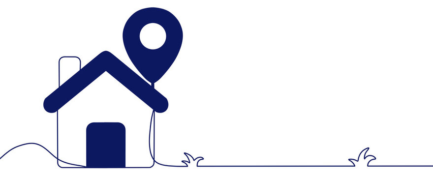 A flat style illustration of a house with a location marker, representing concepts such as property addresses, navigation, and residential locations, with space for descriptive text