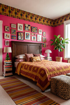 Spirited bedroom with hot pink walls, patchwork quilt, wooden headboard and geometric wallpaper