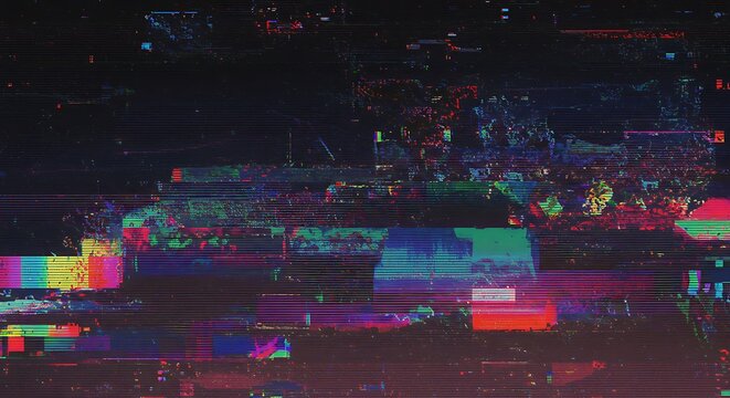 Abstract digital glitch texture with vibrant neon colors.