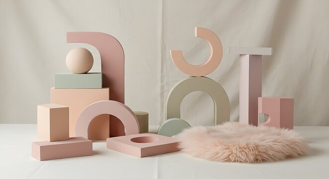 Minimalist 3D geometric shapes and podium for product display.