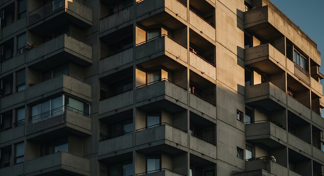 Sunset light on brutalist concrete apartment building balconies.