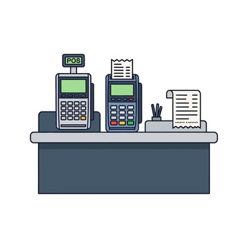POS terminal credit card machine on retail checkout counter.