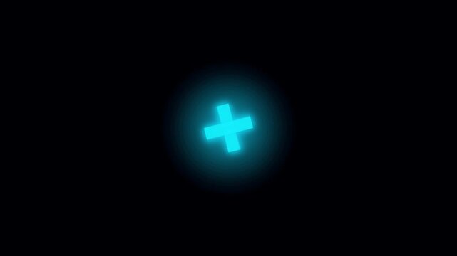 Glowing blue plus sign icon pulsing with soft light animation on a