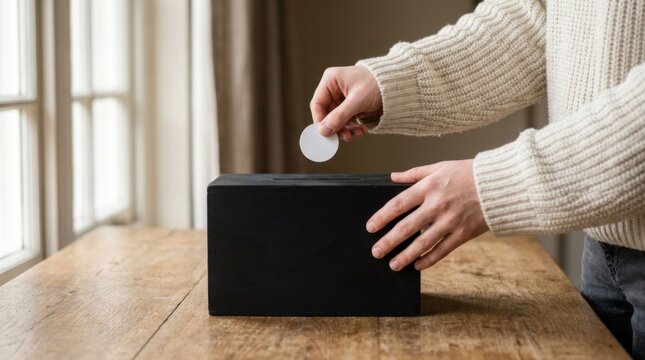 Person dropping a white token into a black ballot box on an oak table in morning light, illustrating customer zero beta testing, early product adoption, prototyping feedback, and validation.