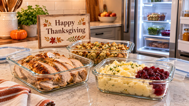 Array of cooked thanksgiving dishes served in glass containers on a granite kitchen counter with dinner food holiday meal side roasted turkey mashed potatoes stuffing