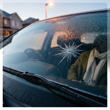 Close-up of a cracked and frosted car windshield with a passenger sitting inside on a cold morning, highlighting auto glass damage and winter weather hazards