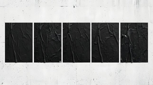 Five Black Wrinkled Glued Poster Mockups on White Concrete Wall - Urban Street Art Style