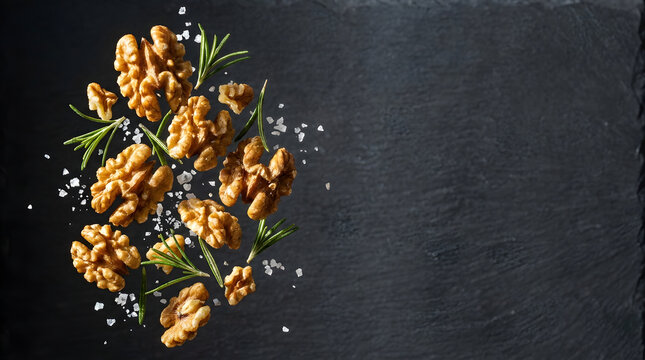 Walnut nut rosemary salt healthy snack ingredient brown organic raw closeup texture food background natural vegetarian vegan protein omega unsaturated fat antioxidant diet superfood shelled fresh