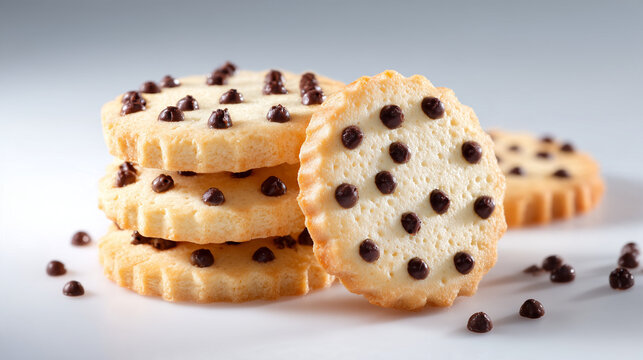 butter cookies decorated with edible chocolate dots, bright commercial studio scene, bright high-key lighting, large clean copy space on the right