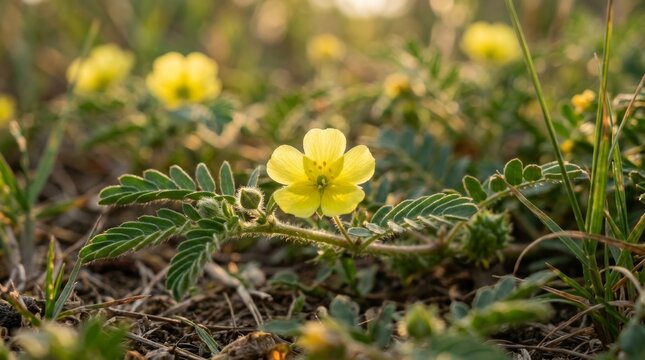 Closeup of yellow Tribulus terrestris flowers with a blurry green background and summer sunlight.
