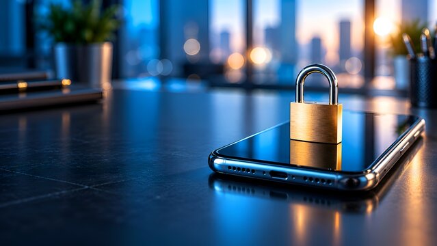 Golden padlock on a generic smartphone screen representing mobile data protection and cyber security concept against a blurred modern city office background at night with blue lighting.