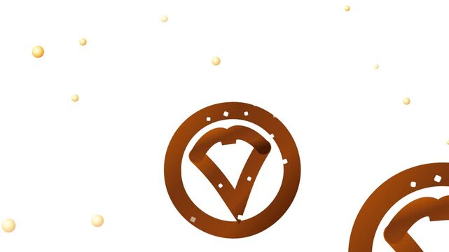 Artisan baked Bavarian pretzels with glistening salt crystals floating gracefully among effervescent golden beer bubbles and wheat ears in an eight second transparent loop.