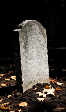 Old empty gravestone surrounded by dry maple leaves against dark shadowy background.