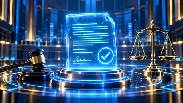 Futuristic digital smart contract document with holographic checkmark and electronic signature displayed in a high-tech courtroom setting with a judge's gavel and golden scales of justice