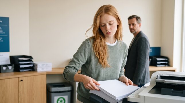 Generative AI, Office Worker Handling a Stack of Paper Beside a Multifunction Printer