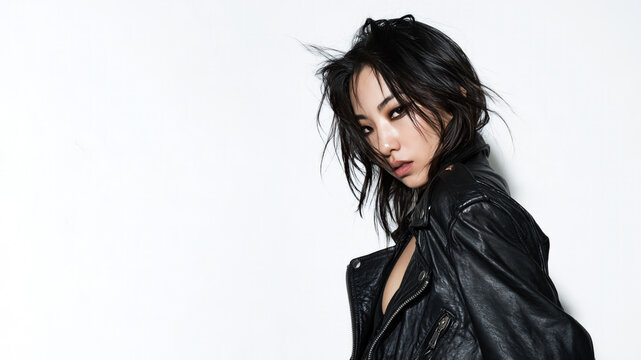 A asian grunge girl with an indifferent, cynical expression, wearing a leather jacket, isolated on a white bakcground