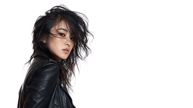 A asian grunge girl with an indifferent, cynical expression, wearing a leather jacket, isolated on a white bakcground