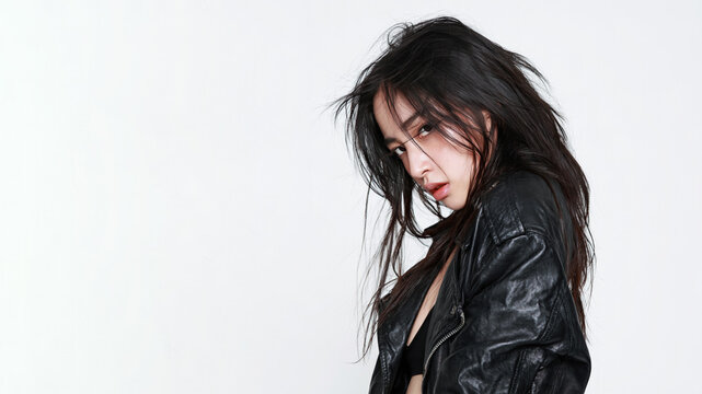 A asian grunge girl with an indifferent, cynical expression, wearing a leather jacket, isolated on a white bakcground