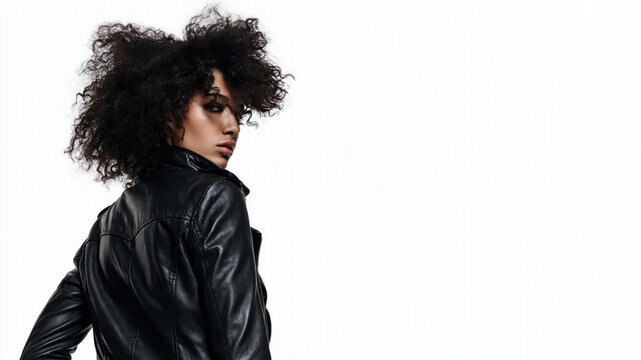 A afro american grunge girl with an indifferent, cynical expression, wearing a leather jacket, isolated on a white bakcground