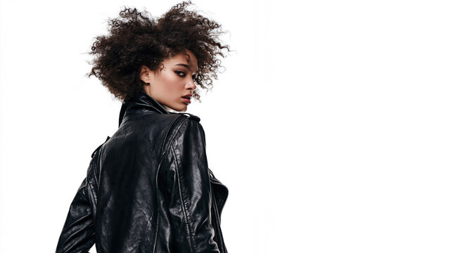 A afro american grunge girl with an indifferent, cynical expression, wearing a leather jacket, isolated on a white bakcground