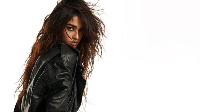 A indian grunge girl with an indifferent, cynical expression, wearing a leather jacket, isolated on a white bakcground
