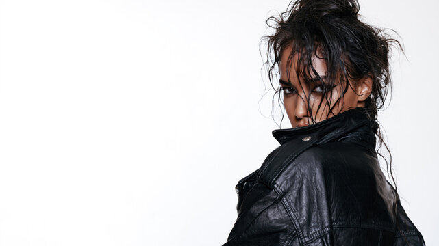 A afro american grunge girl with an indifferent, cynical expression, wearing a leather jacket, isolated on a white bakcground