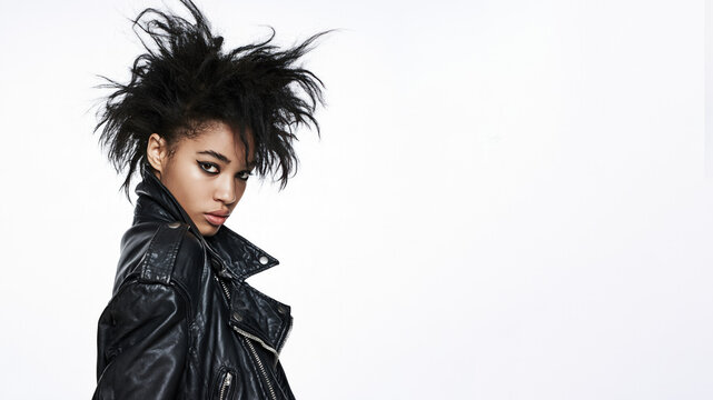 A afro american grunge girl with an indifferent, cynical expression, wearing a leather jacket, isolated on a white bakcground
