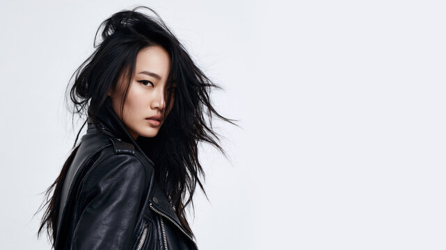 A asian grunge girl with an indifferent, cynical expression, wearing a leather jacket, isolated on a white bakcground