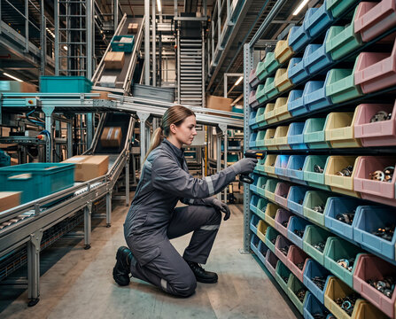 Femme en tenue grise trie des objets devant des bacs color&eacute;s dans un entrep&ocirc;t logistique automatis&eacute; avec convoyeur et racks m&eacute;talliques sous lumi&egrave;re diffuse.