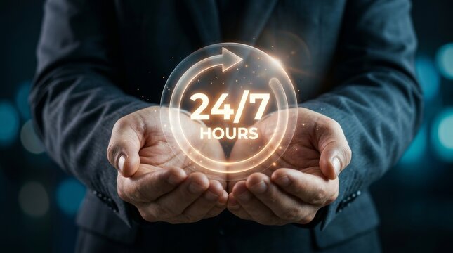 A professional business person holding a glowing 24/7 nonstop customer service icon.