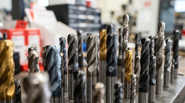 Industrial milling metal cutting tools with carbide cutter inserts in a workshop.